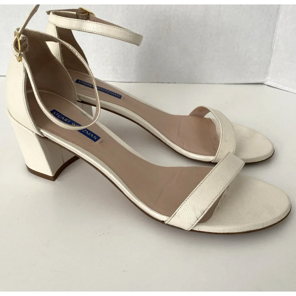 Stuart Weitzman Nearlynude Simple Sandal Open Toe Block Heel Off White Textur 10